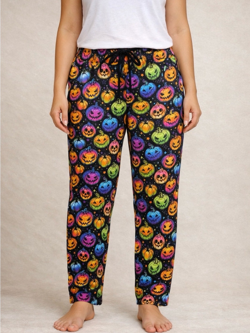 Bums and Roses Halloween Pumpkin Print Pajama Pants- Black Multicolor